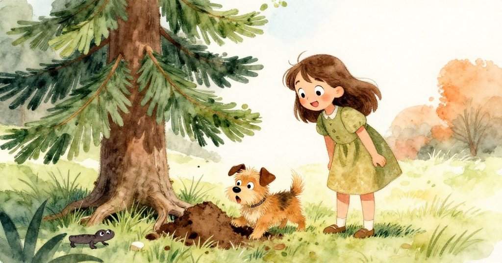 好奇小狗在松樹根旁挖洞冒險，莎拉滿臉驚奇，草地上一隻小蝾螈悄然出現，情境動感活潑。