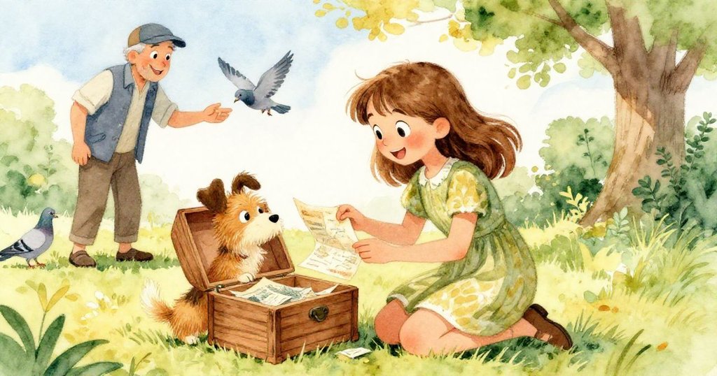 莎拉跪旁打開舊盒子，發現褪色地圖和神秘便條，臉上驚奇流露，旁邊有餵鴿老人的溫暖陪伴與活潑小狗。