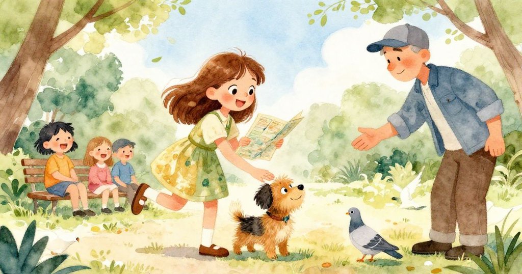 莎拉在寧靜公園中微笑輕拍小狗，手捧褪色地圖，眾人歡笑圍聚，共慶冒險發現，結局溫馨和諧。