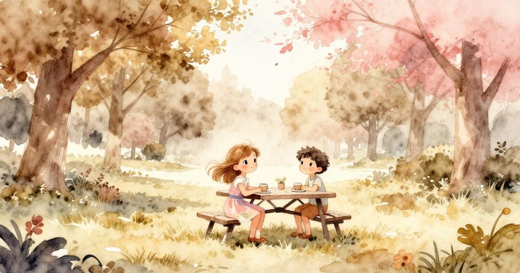 莉莉坐在陽光充沛的小公園中準備野餐,神情悠閒,背景有茂密樹木與溫暖色調,展現柔和初始情景。