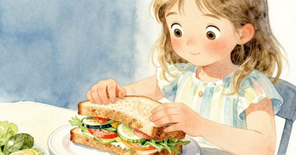 莉莉專注地準備色彩豐富的三明治,手部細節清楚,充滿溫暖與希望的慶祝初始準備。