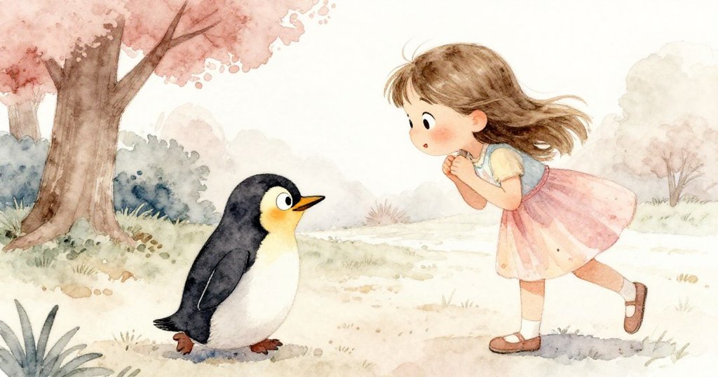 莉莉帶著欣喜笑容觀看一隻滑稽企鵝傾斜走姿,營造出逗趣輕快的氣氛與場景轉折。