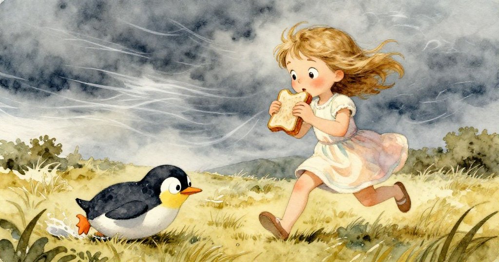 暗雲壓城,風起搖動野餐桌,莉莉急忙抓住三明治,企鵝在濕草上滑倒,營造出戲劇化的轉折情景。