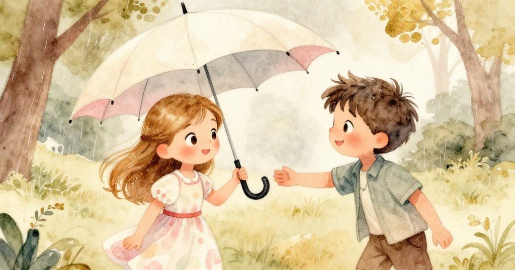 男孩帶著友好的微笑接近莉莉,伸出傘子表示關懷,雨意初現中彼此洋溢出溫暖情誼。