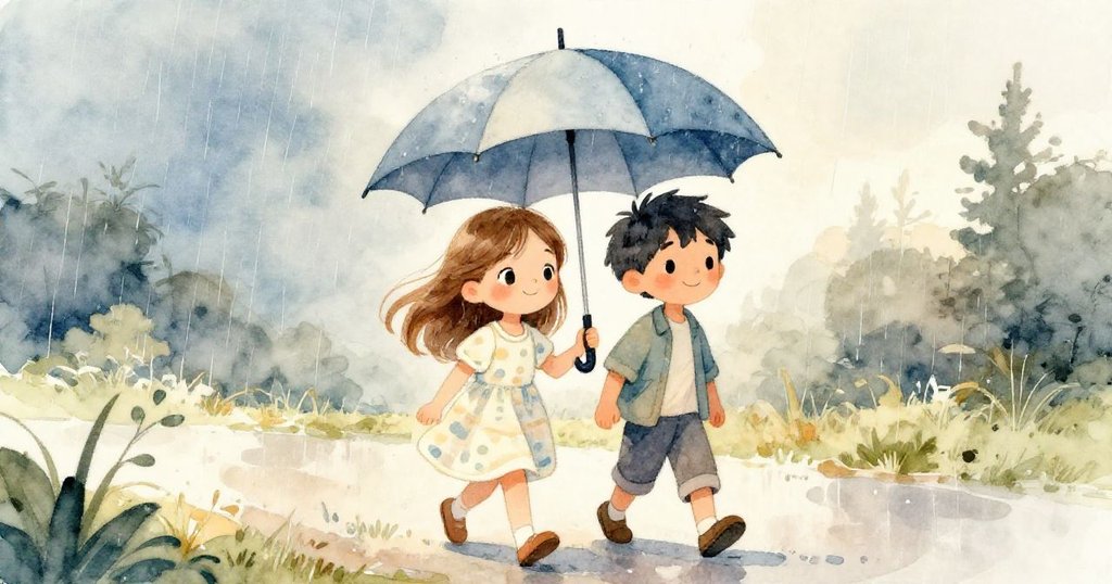 莉莉與男孩共撐雨傘緩步回家,雨絲輕落,午後柔光映出平和溫暖的結局情景。