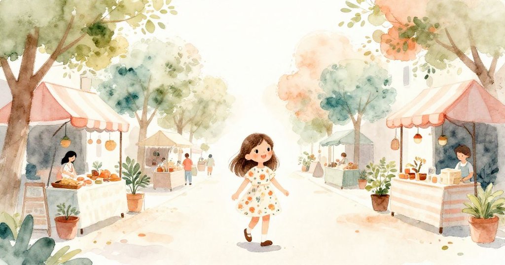 艾瑪在晴朗午後沿著楓樹街前行，背景展現熱鬧市集和色彩繽紛的攤位，故事開端充滿探索與希望。