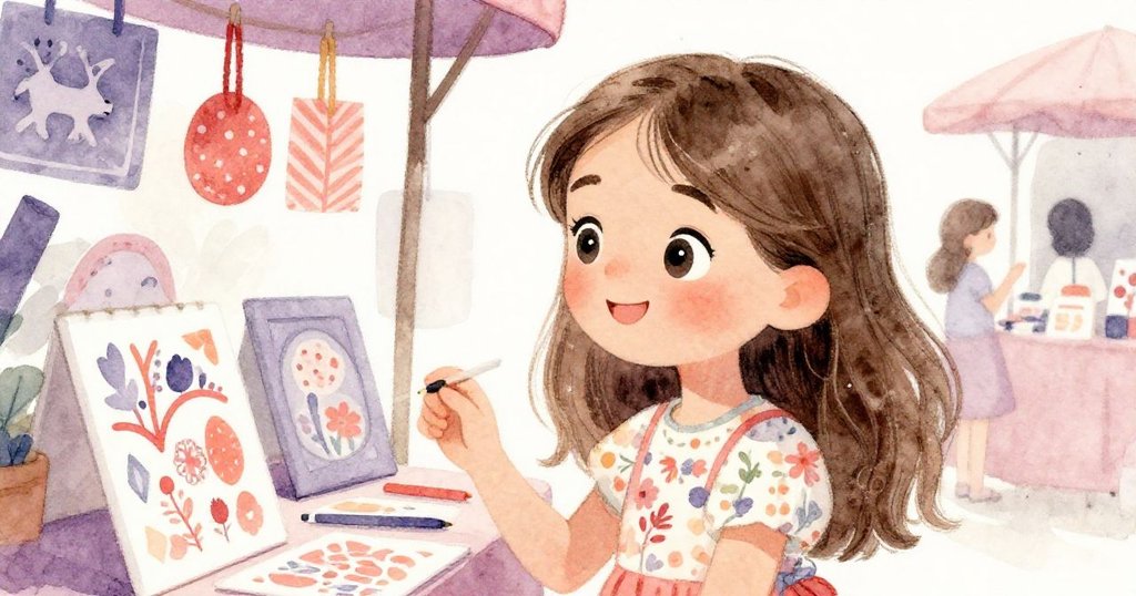 艾瑪在市集攤位前仔細欣賞鄰居手工藝品，她的眼睛中流露出驚喜與溫柔，情感逐漸聚焦。