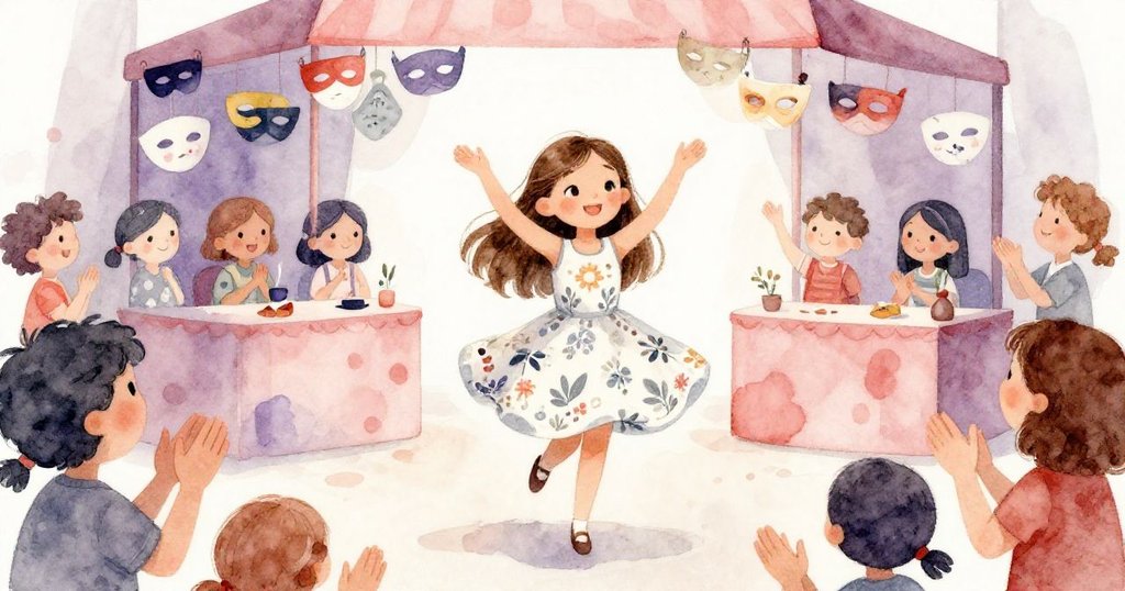 艾瑪在奇特攤位前參加舞蹈比賽，她優雅起舞，周圍群眾熱情鼓掌，情節達到高潮充滿勇氣與歡樂。