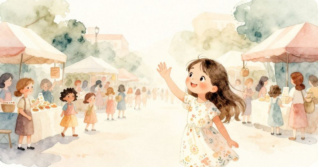 艾瑪在熱鬧市集後快樂揮手告別，背景漸漸安靜，眾人聚集形成溫馨團聚，故事完美收尾。