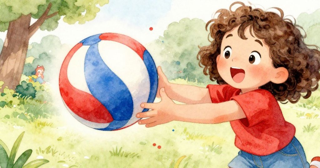 Emma專注傳球，手部動作清晰展現球體質感細節，背景隱約呈現公園氛圍，故事逐步展開