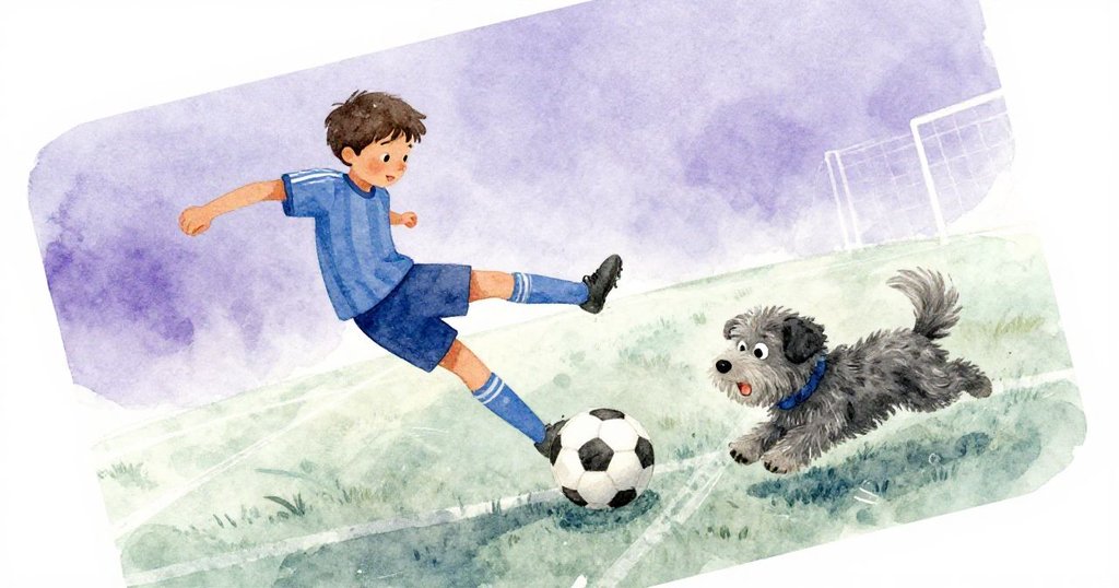 球員踢球瞬間，小狗Fido突然闖入球場，傾斜視角展示動感混亂與孩子們驚喜表情，故事發展達到高潮