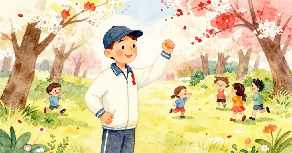 教練站在盛開花樹間，溫柔注視孩子們暫停比賽，春日陽光柔和，展現發展中的溫馨情景