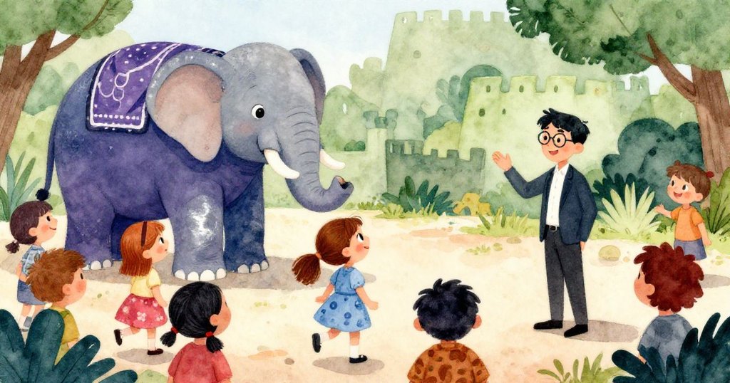 安娜在明亮動物園中與眾多遊客互動，見到友善大象和小堡壘，臉上充滿期待與興奮。