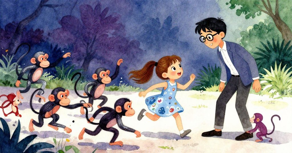 好動猴子以傾斜視角嬉戲，安娜驚喜微笑，動物園氣氛活潑有趣。