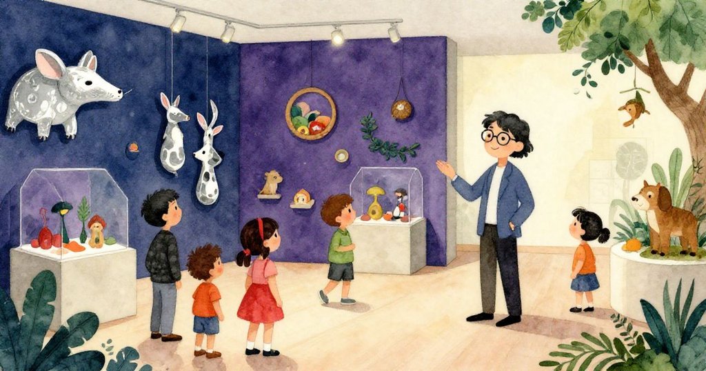 動物園新展廳中，家庭們細看展品，導覽員介紹新奇生動，充滿好奇與溫馨。