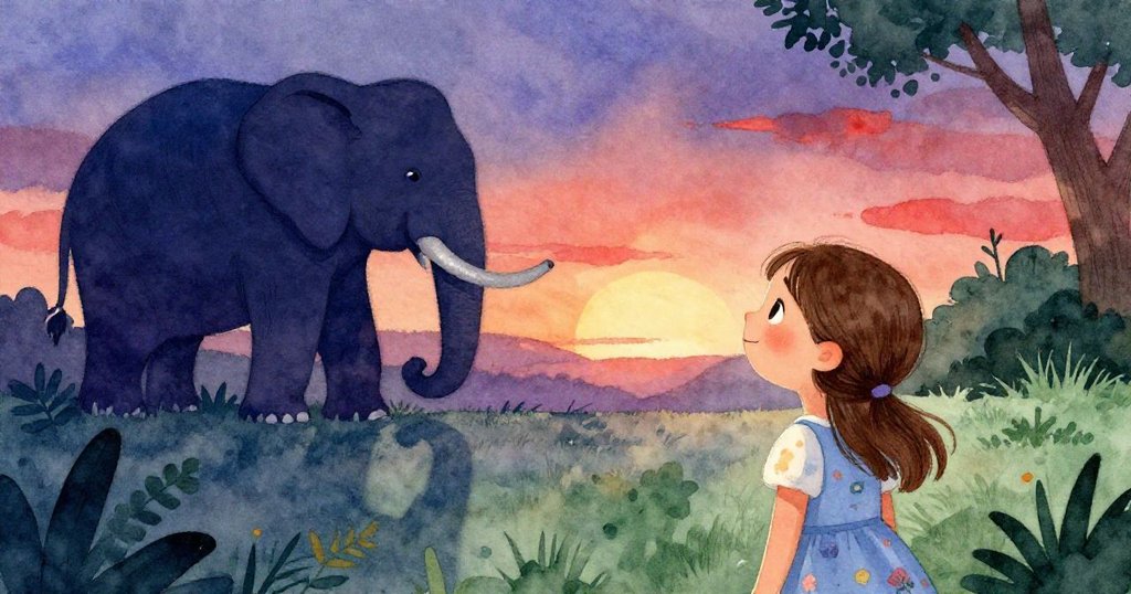 悠閒黃昏時分，安娜微笑回顧動物園奇遇，溫暖光影中隱現動物園永恆記憶。