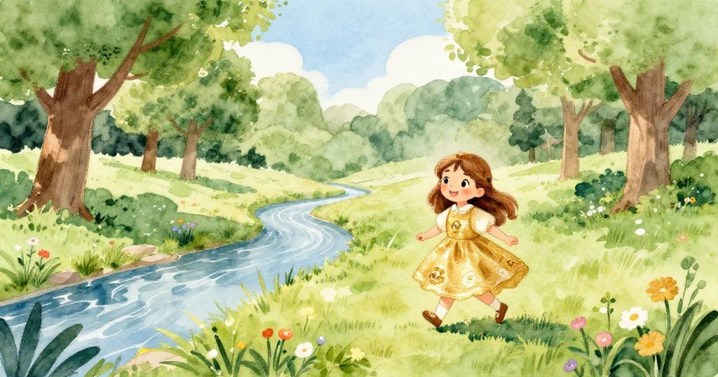 安娜在陽光普照的公園中漫步，欣賞流動的小溪與翠綠樹木，臉上充滿期待與喜悅，展開美好冒險。