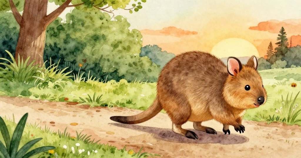 安娜沿著石徑前行，注意到繽紛袋熊優雅穿越，足跡與風景細節豐富，充滿好奇與冒險。