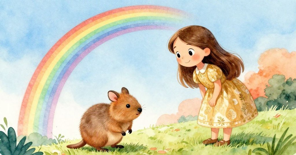 安娜注視著傾斜彩虹旁停住的袋熊，夢幻角度展現奇幻景色，驚喜神情溫暖整個公園。