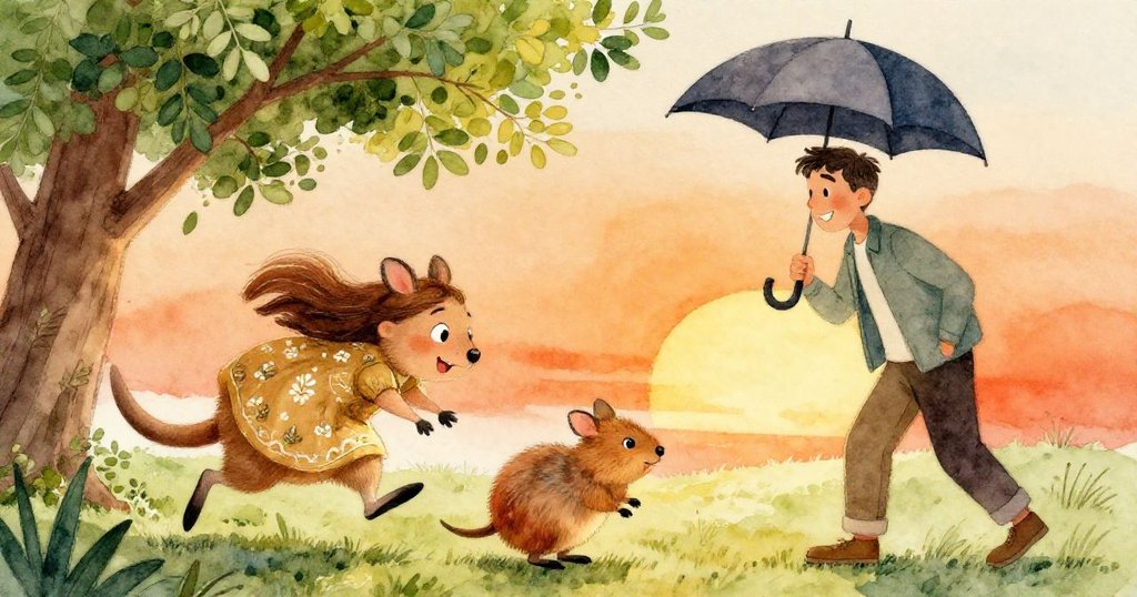 袋熊急奔躲進大樹陰下，善良男子撐傘趕來，安娜欣喜伸手感謝，動感場面充滿溫馨與關懷。