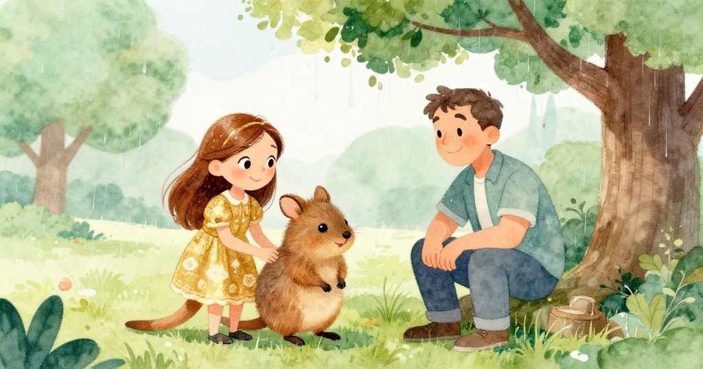 雨停後，安娜與善良男子和袋熊溫馨重聚，樹下共享微笑與感激，雨水洗淨公園帶來新生喜悅。