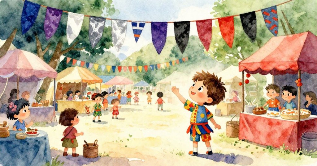 Alex在露威節中好奇地四處觀察,背景是充滿彩旗和歡樂人群的熱鬧節慶場景,神情溫暖而期待。