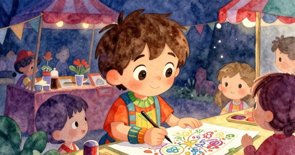 Alex專注地觀看一幅精美彩繪,眼中閃爍著好奇光芒,背景呈現節慶攤位的柔和風景,充滿溫暖與驚喜。