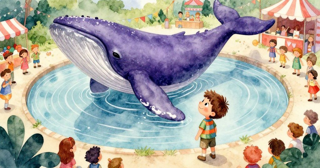 Alex仰望著緩慢游動的巨大鯨魚雕塑,從高角度俯瞰節慶場景,充滿神奇與寧靜,神情驚奇感動。