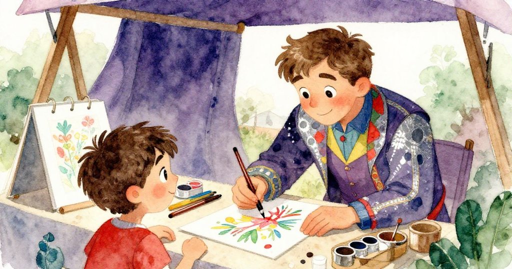 Alex在藝術攤位內與一位熱情畫家互動,畫家快速揮灑色彩,攤位充滿節慶氛圍,兩人神情充滿興奮與專注。