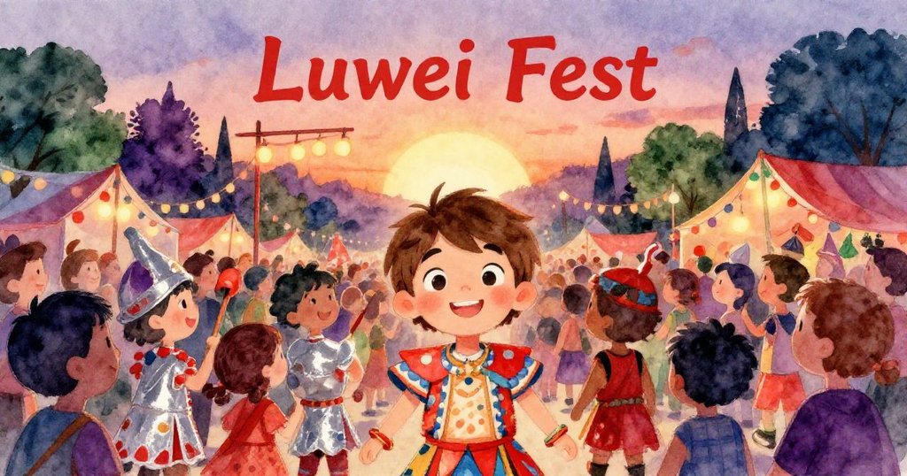 Alex站在夕陽下微笑,背景是明亮的紅色露威節招牌和滿面笑容的民眾,節慶氛圍再次充滿活力與希望。