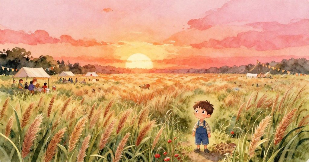 在豐收慶典中,Alex漫步於金色甘蔗田中,村民歡聚,夕陽餘暉灑落,展現熱鬧農村美景。