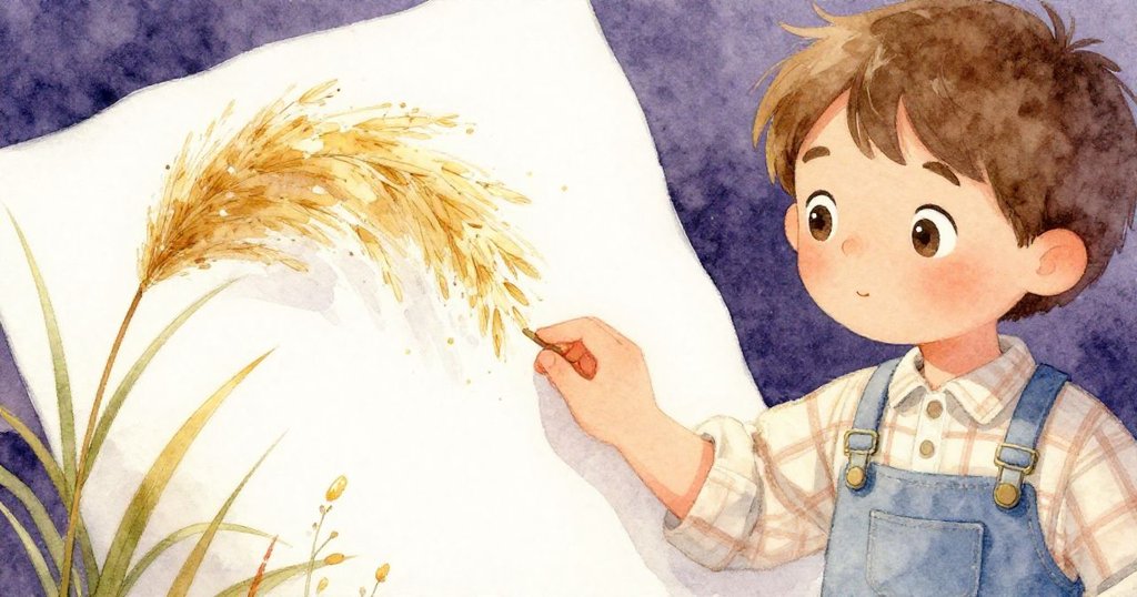 Alex專注閱讀古老筆記,輕觸金色甘蔗細膩質感,展現自然與智慧交融的溫暖瞬間。