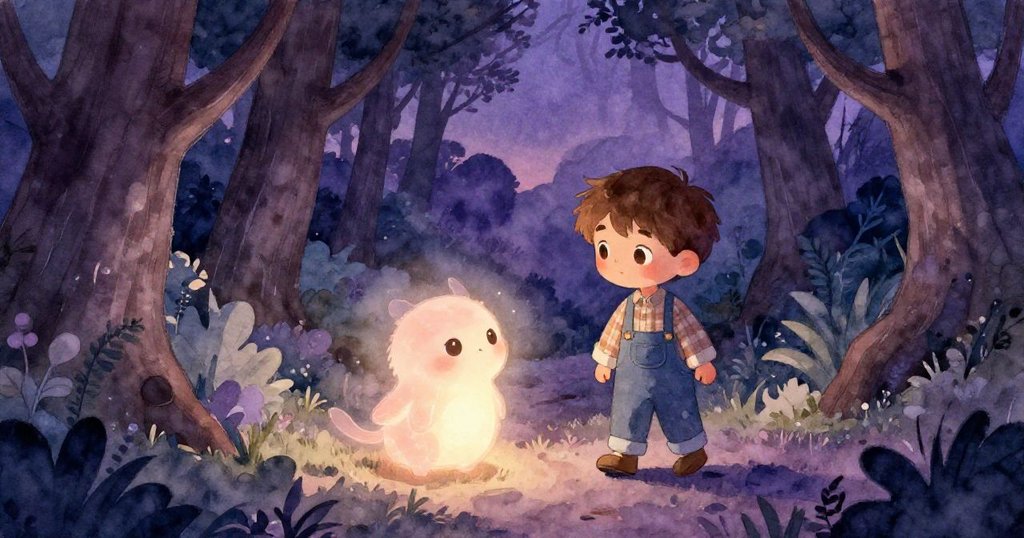 黃昏中,神秘生物引領Alex進入隱秘樹林,陰影與柔光交織,營造出夢幻般的過渡空間。