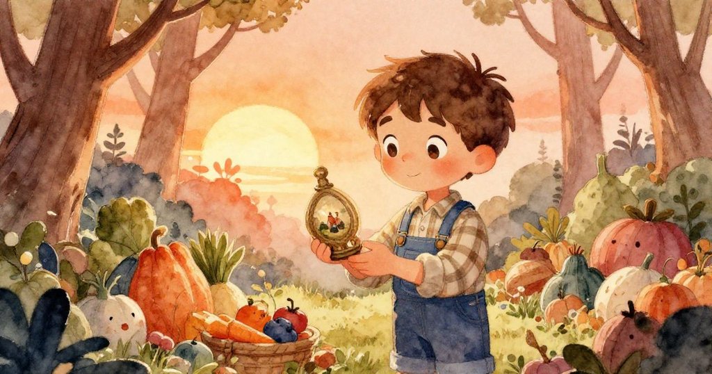 在迷幻樹林中,Alex凝視古老工具與豐收遺物,神情真摯且充滿思索,夕陽餘暉映照溫暖氛圍。