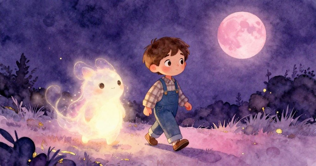 月光下,Alex與發光生物並肩走在開闊道路上,面向新旅程,星空與柔和光影映照自然和諧未來。