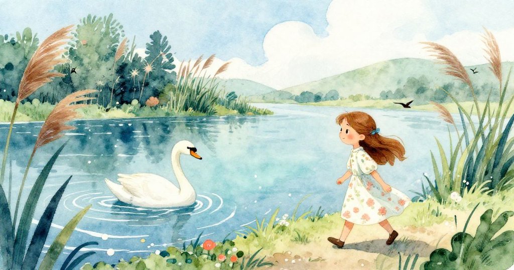 安娜沿著清澈溪邊漫步，欣賞陽光、悠閒天鵝、大蘆葦與飛舞小鳥，神情愉悅融入大自然。