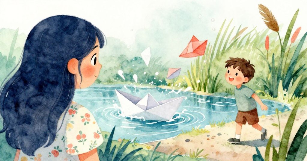 安娜回首望去，看到溪邊小男孩不慎讓紙船落水，水花四濺，情節緊湊引人期待。