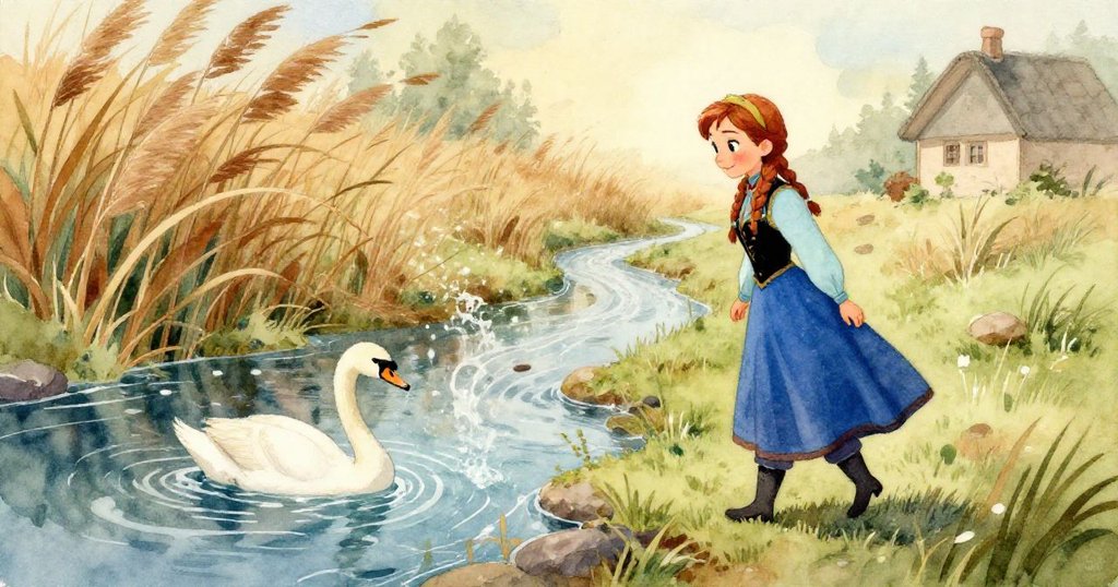 時光流轉中，天鵝優雅靠近漂流紙船，金色陽光映照下水面蕩漾，營造出動感自然美景。