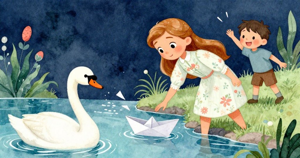 安娜溫柔撿起漂流紙船，臉上流露慈愛笑容，天鵝靜靜觀望，小男孩在遠處呼喚，情節達到高潮。