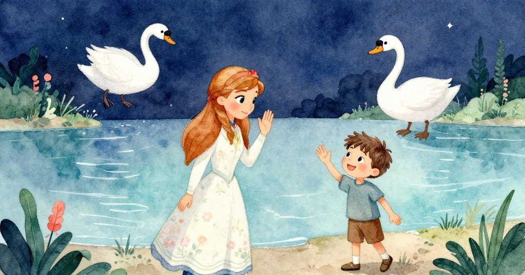小男孩感謝安娜，兩人互揮手道別，天鵝環繞嬉戲，黃昏溪邊營造出充滿溫馨與祥和的結局。