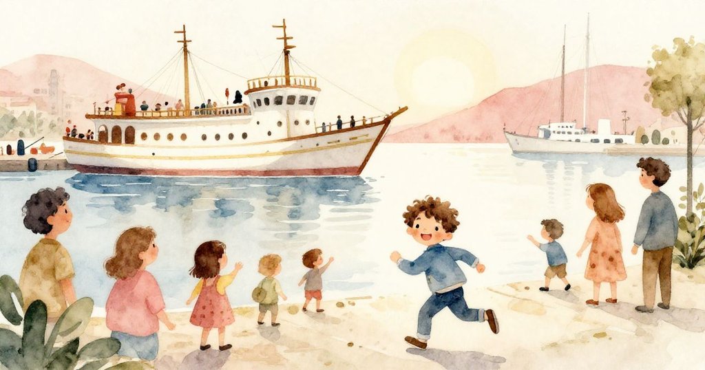 黎明時分，Leo快樂地在繁忙碼頭奔跑，眾多乘客與船隻映襯海洋背景，展現冒險的開始。