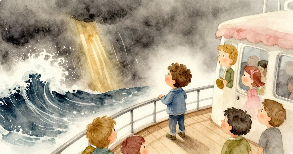 從高處俯瞰，Leo面對逐漸集結的暴風雨，神情既驚訝又期待，海浪翻滾增添懸念。