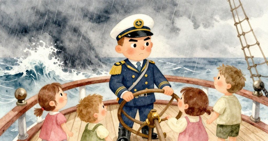 站在甲板高處，船長堅定操控船舵，暴風雨中風浪急峻，他充滿決心，展現領導力。