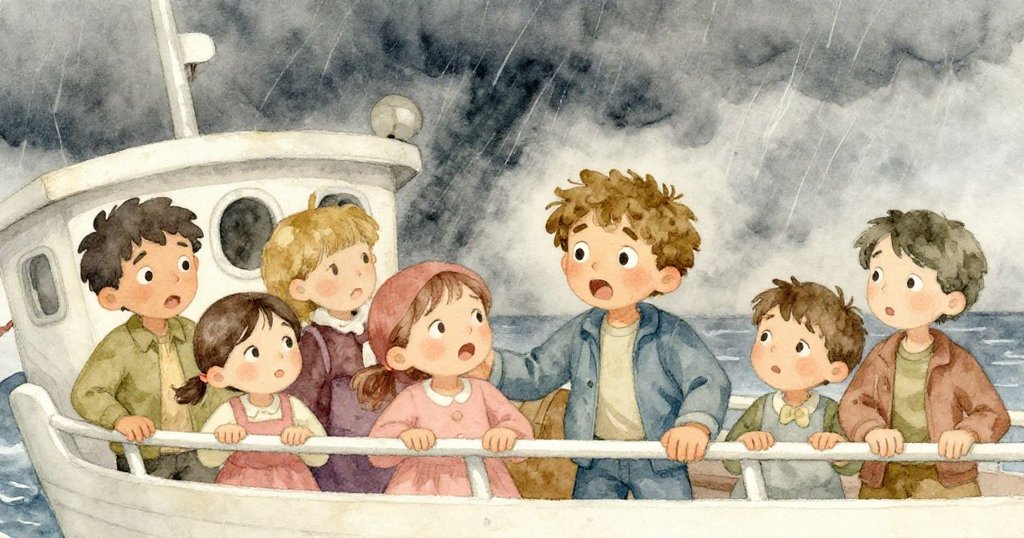 乘客緊握船欄，神情緊張，而勇敢的Leo安撫驚慌的大家，風雨中散發溫暖力量。