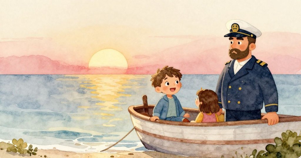 風暴後夕陽餘暉映照海面，Leo與船長及乘客歡欣慶祝安全抵岸，溫暖色調締造幸福結局。