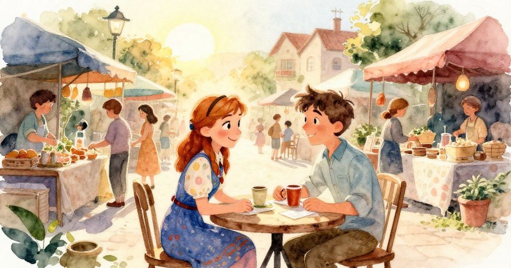 安娜連衣裙與市場攤位細膩紋理特寫，柔和晨光突顯織物花紋與水果花卉設計，展現市場獨特風情