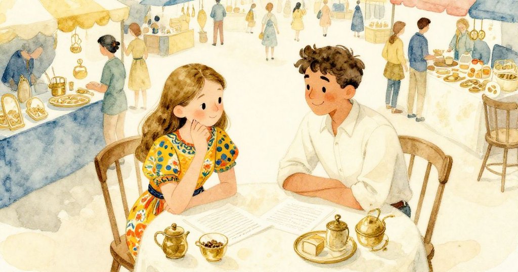 俯瞰視角下，安娜與本在市場小桌旁熱烈討論，共享創意點子，周圍攤販若隱若現，展現合作氛圍