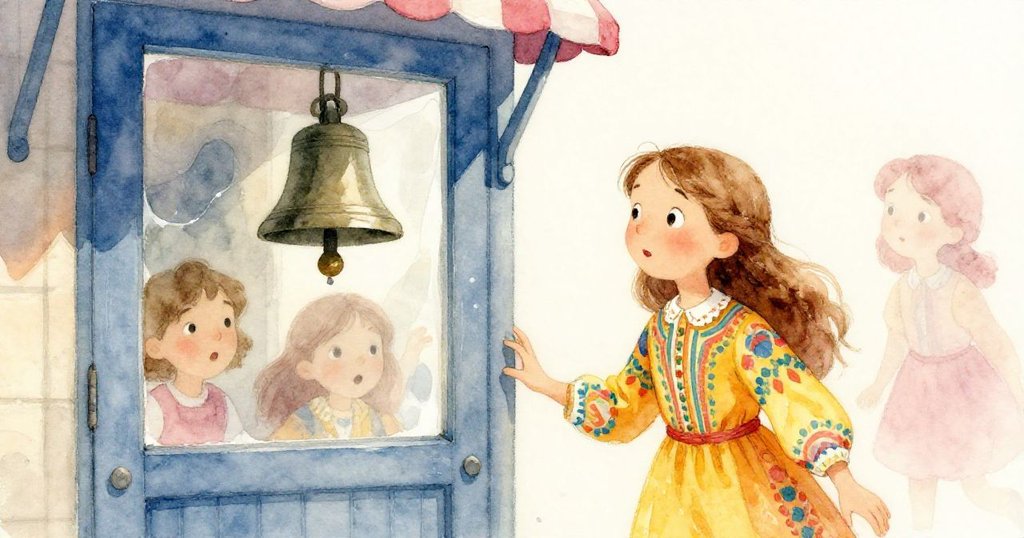 市場門口與鈴聲呈現水下透明質感，安娜驚訝表情突出，柔光與水面幻影營造夢幻氣氛