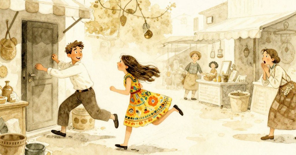 本急速跑向開門，安娜驚疑交集於熱鬧市場中動感呈現，人群流動急促，光影強調現場緊迫氣氛