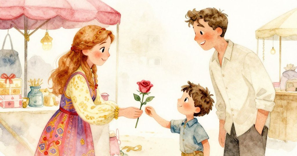 小男孩溫柔獻玫瑰，安娜與本驚喜擁抱，市場氛圍轉為溫馨慶祝，展現友愛感動時刻